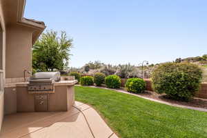 Fenced backyard with exterior kitchen and a patio area