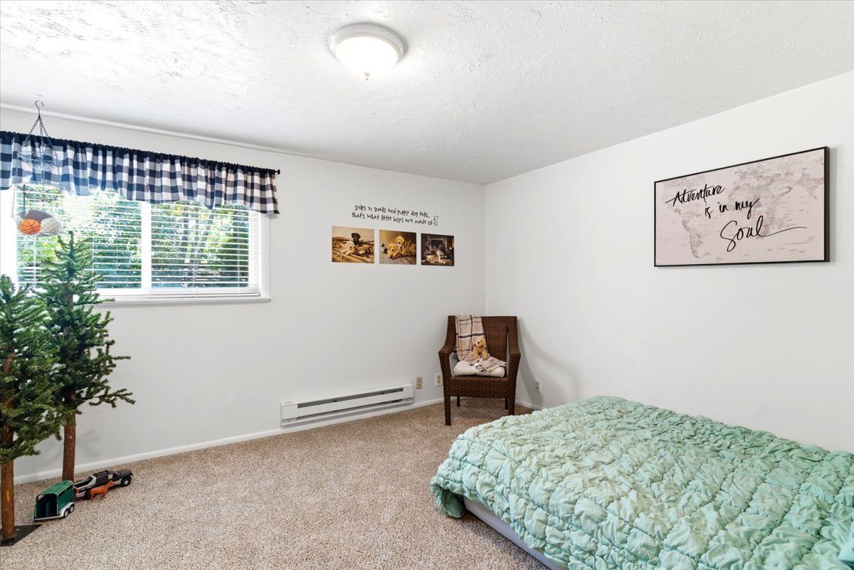 Carpeted interior with a single window featuring blinds and a valance