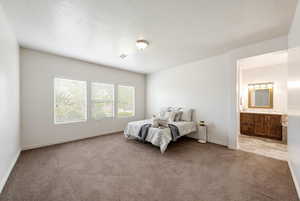 Bedroom featuring light carpet and ensuite bathroom