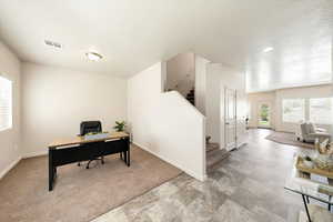 Home office with healthy amount of natural light, light carpet, and stone finish flooring