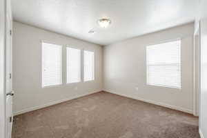 Spare room with carpet floors and a textured ceiling