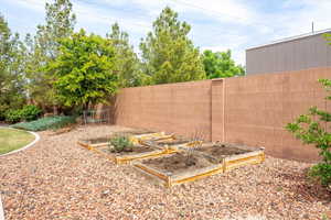Fenced backyard with a vegetable garden