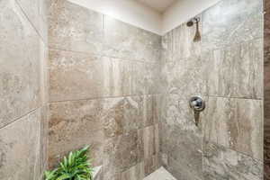 Bathroom view of a tile shower