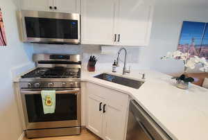Kitchen with stainless steel appliances, white cabinetry, light stone counters, and tasteful backsplash