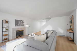 Living room featuring a tile fireplace and light wood finished floors