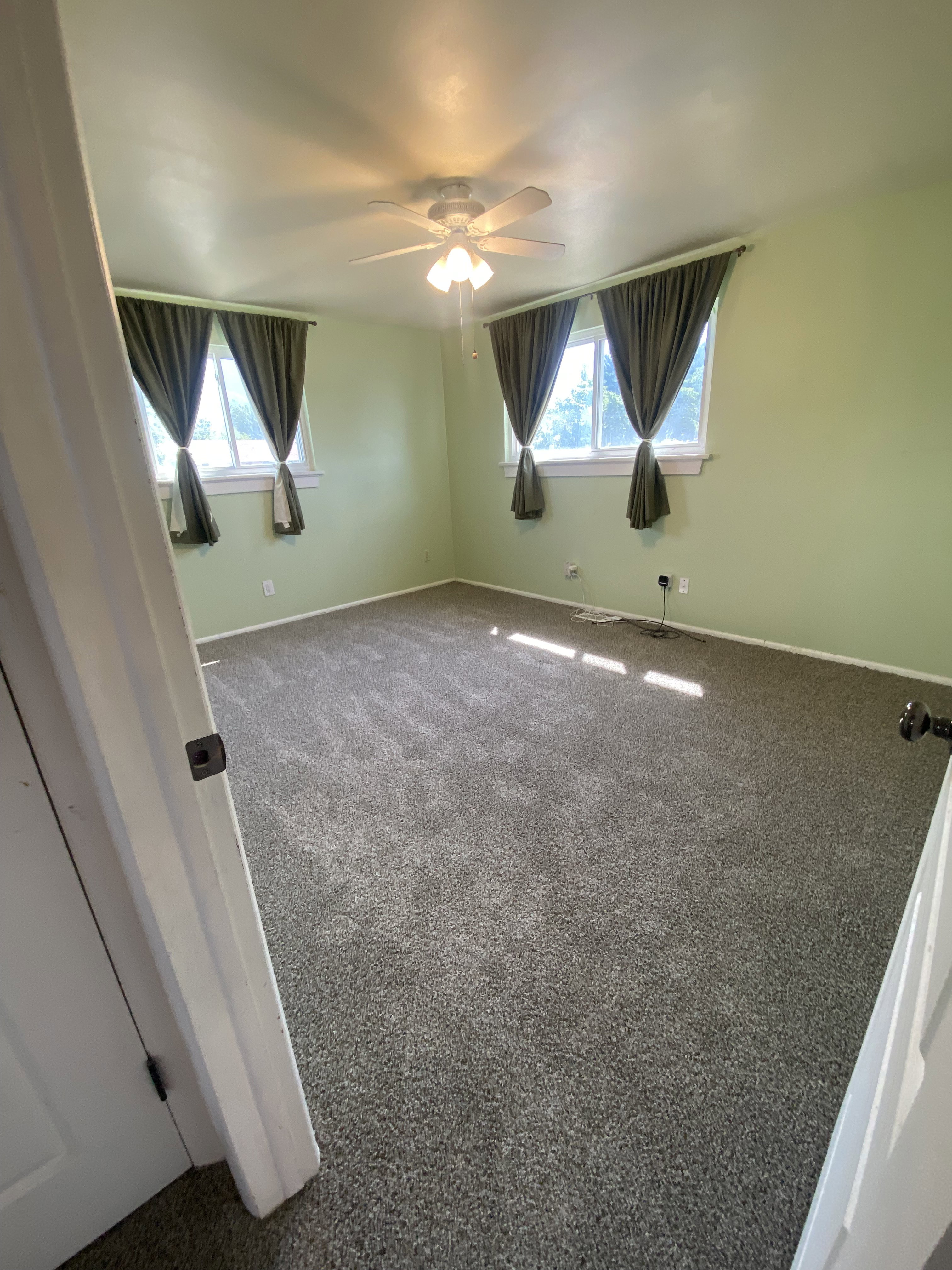 Spacious room featuring light green walls, a ceiling fan with integrated lighting, and multiple windows providing natural light