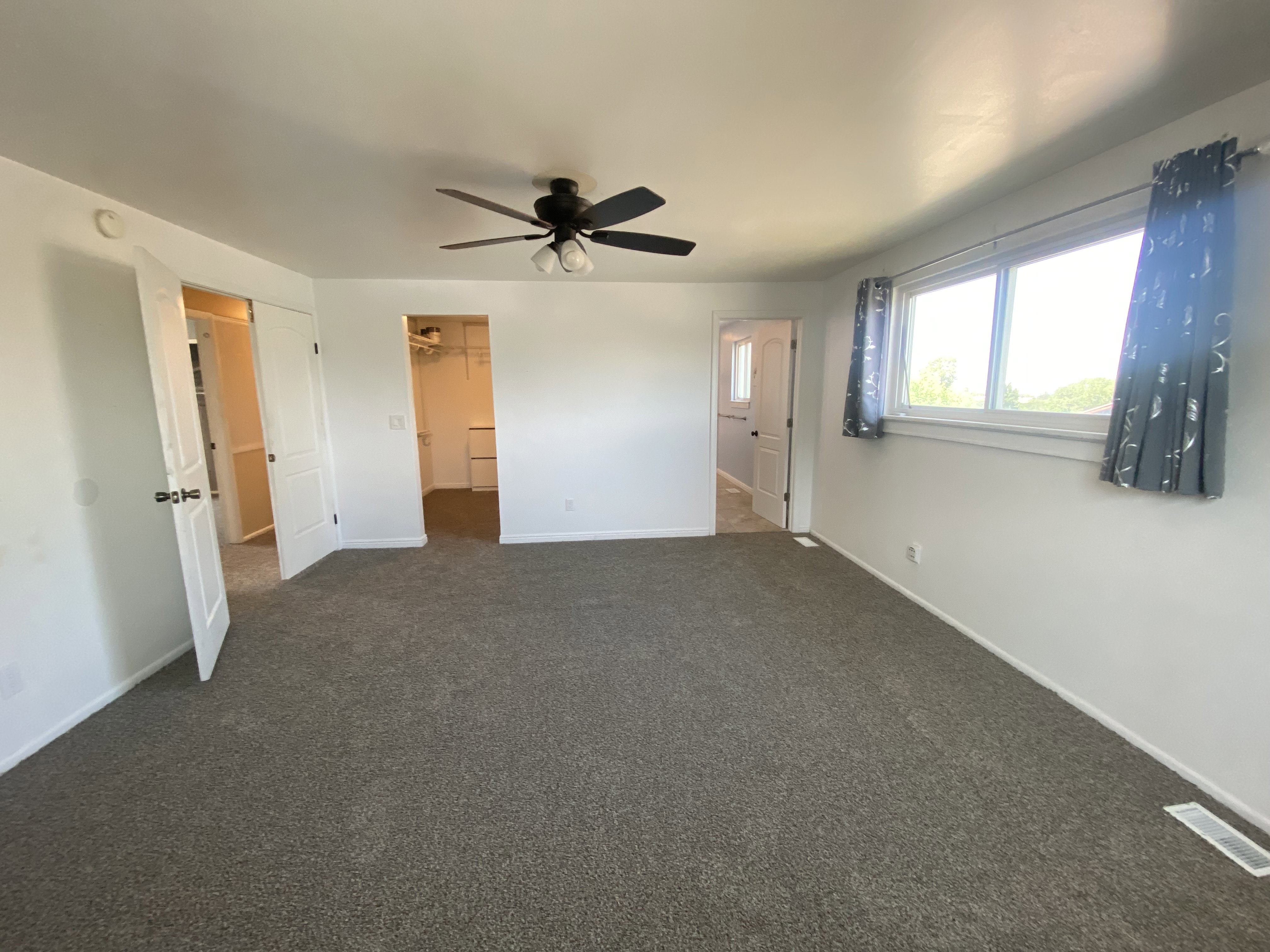 Spacious room featuring neutral carpeting, white walls, and a ceiling fan with integrated lighting
