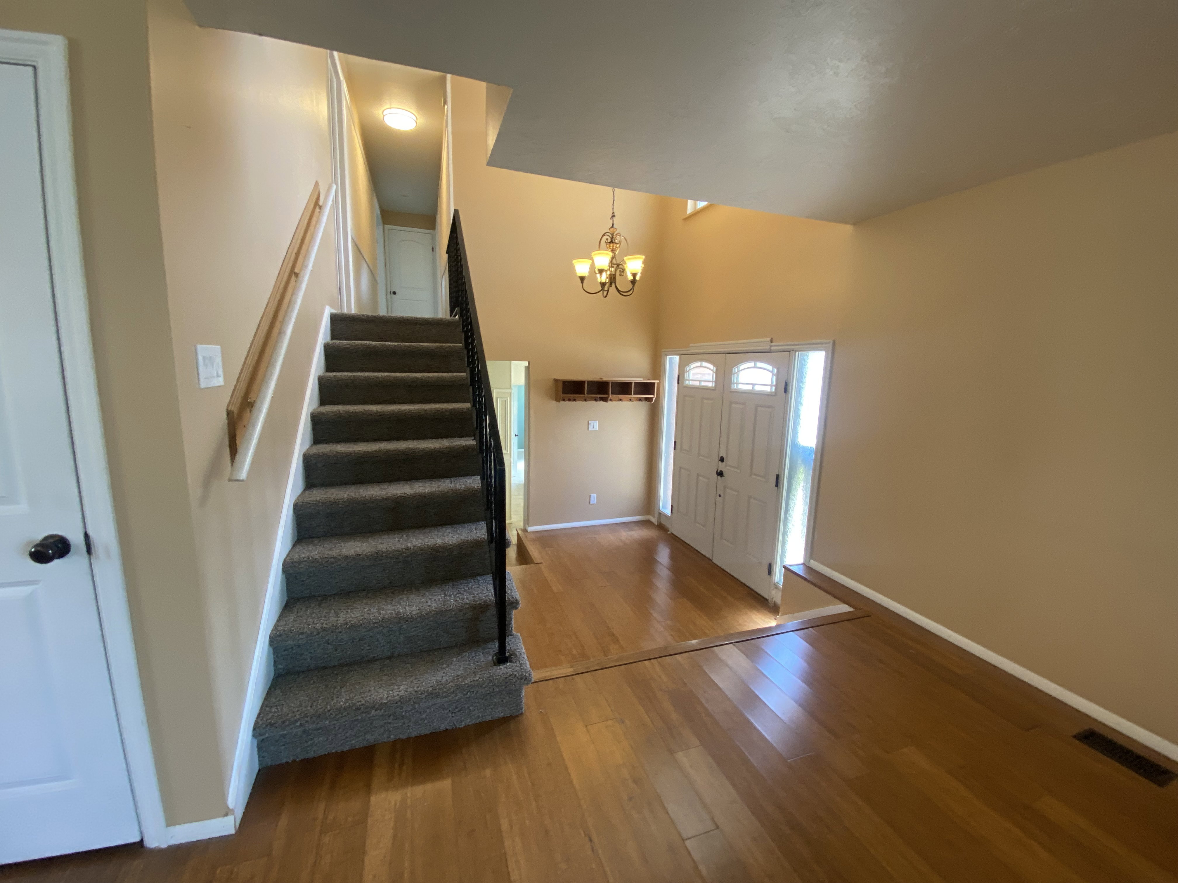 Foyer featuring wood-finish flooring, a carpeted staircase with a wrought iron and wood handrail, and a chandelier lighting fixture