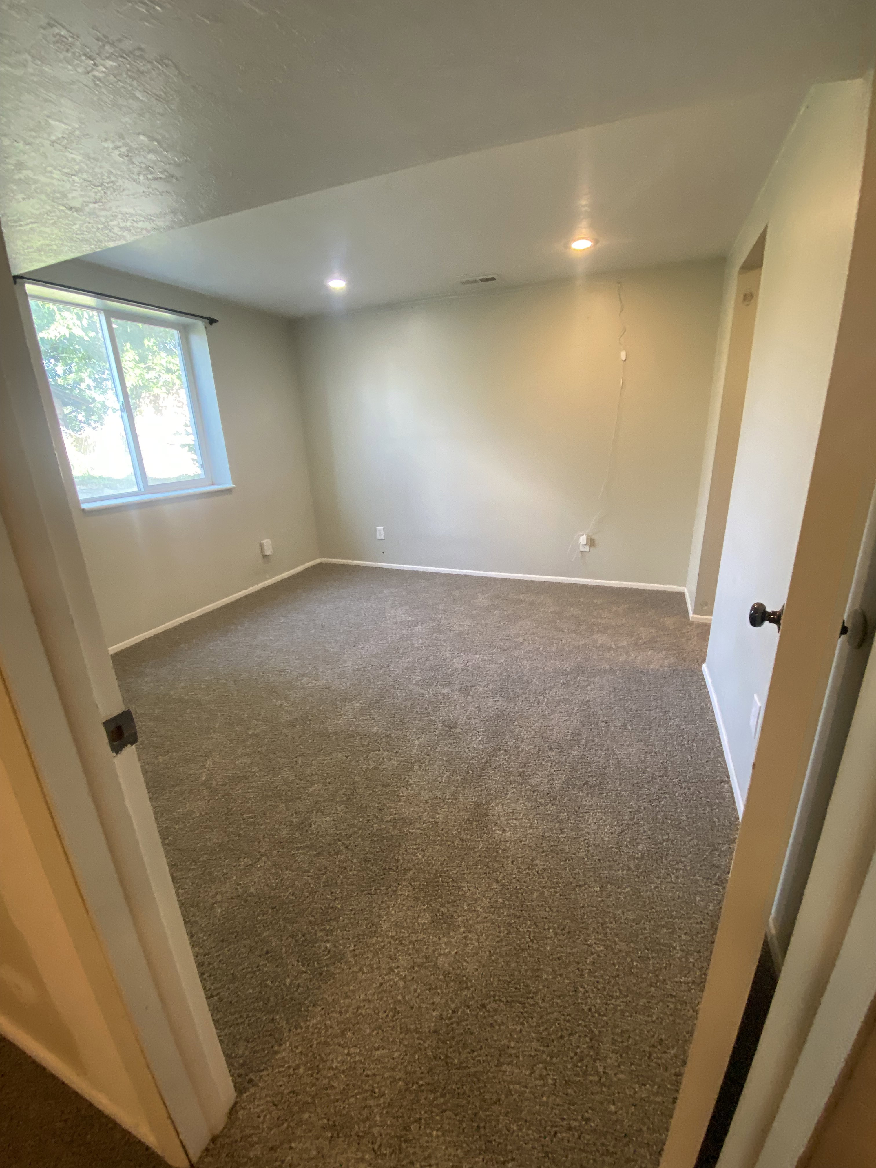 Spacious room featuring neutral carpeting, recessed lighting, and a large window providing natural illumination