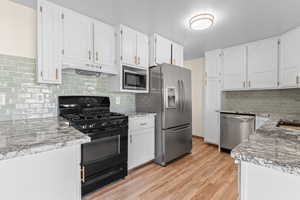 Kitchen with stainless steel appliances, white cabinets, light wood-type flooring, light stone countertops, and backsplash