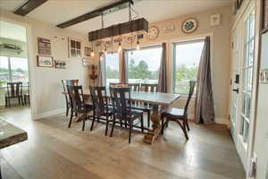Dining space featuring light wood-type flooring, healthy amount of natural light, and beam ceiling