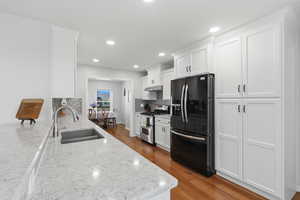 View of kitchen from window seat.