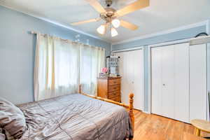 Bedroom with multiple closets, light wood finished floors, and a ceiling fan