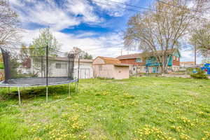 View of yard with a trampoline and a storage shed