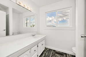 Bathroom featuring vanity, healthy amount of natural light, and dark wood-style floors