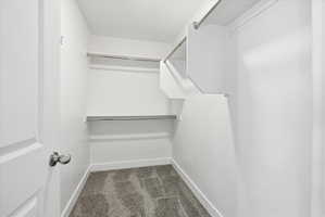 Primary Walk in closet featuring dark carpet