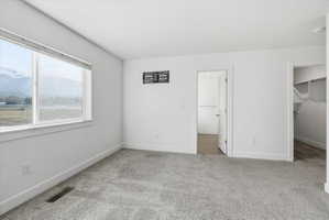 Primary bedroom featuring a walk in closet, light carpet, and a mountain view