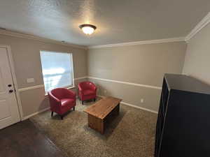 Sitting room featuring a textured ceiling, crown molding, and dark carpet