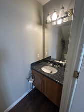 Bathroom featuring vanity and dark wood-style flooring