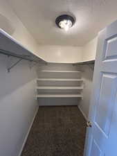 Walk in closet featuring dark colored carpet