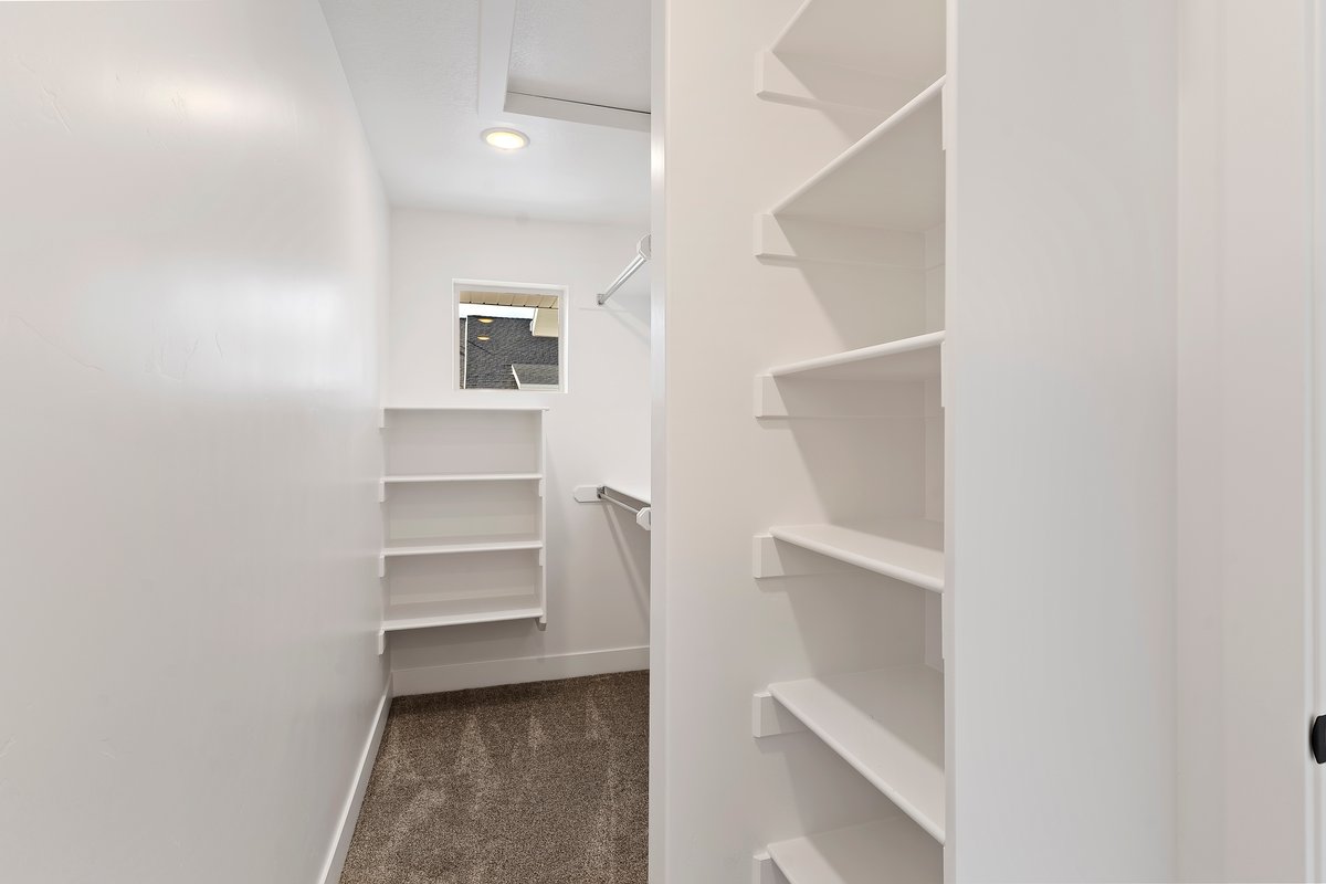 Walk in closet with dark colored carpet