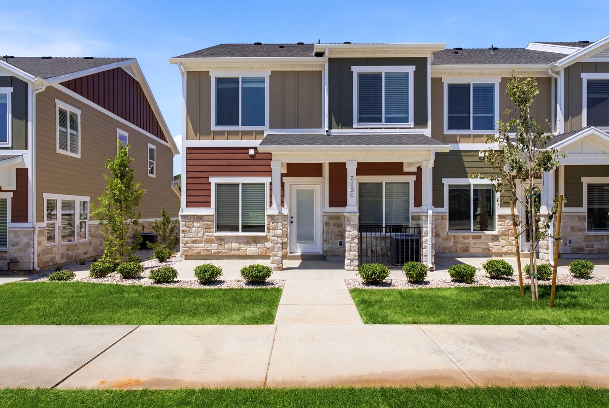Contemporary townhome with a multi-toned facade, featuring stone veneer accents and a covered porch entry