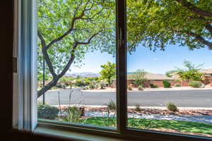 Exterior view of street with a mountain backdrop