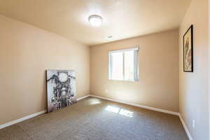 Carpeted spare room with a textured ceiling and baseboards
