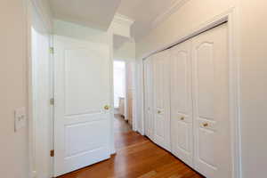 Corridor with light wood finished floors and crown molding
