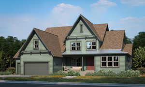 View of front of home with covered porch, a shingled roof, an attached garage, and driveway