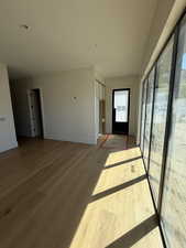 Foyer with light wood-style flooring and baseboards