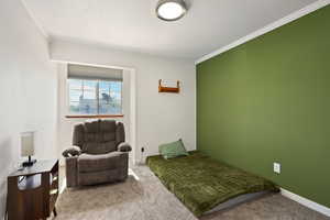 Carpeted bedroom featuring baseboards and crown molding