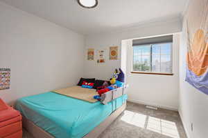 Bedroom featuring light carpet and ornamental molding