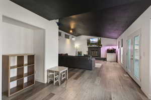 Living area with light wood-type flooring, lofted ceiling, and a glass covered fireplace