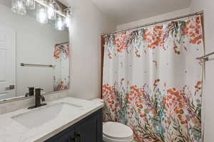 Bathroom featuring vanity and a shower with shower curtain