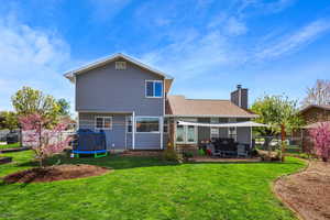 Back of house featuring a fenced backyard, a patio area, a chimney, and a trampoline