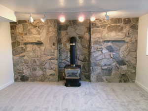 Detailed view of rail lighting, carpet flooring, and a wood stove
