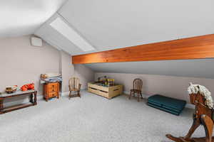 Bedroom with lofted ceiling, carpet floors, and a skylight