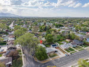 Aerial view of residential area with mountains