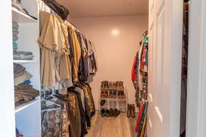 Walk in closet with light wood-type flooring