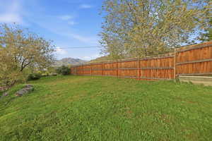 Fenced yard with a mountain view