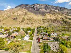 Aerial perspective of suburban area featuring mountains