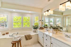 Bathroom with a bath, double vanity, and a stall shower