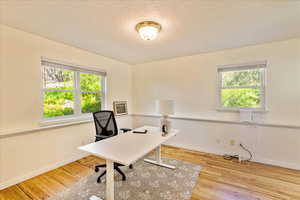 Office with light wood-style floors, plenty of natural light, and a textured ceiling