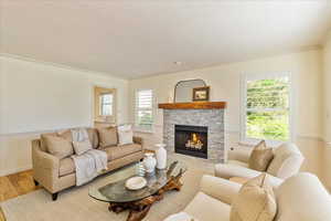 Living area featuring a stone fireplace, ornamental molding, a textured ceiling, and light wood-type flooring
