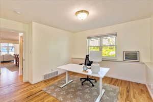 Home office with a textured ceiling and light wood-type flooring