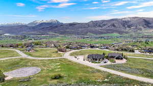 Aerial view of residential area with mountains
