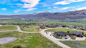 Aerial view of residential area with a mountain backdrop