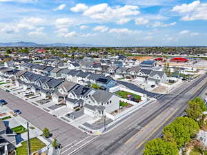 Aerial view of residential area with a mountain backdrop