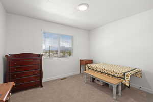 Bedroom featuring light carpet and baseboards